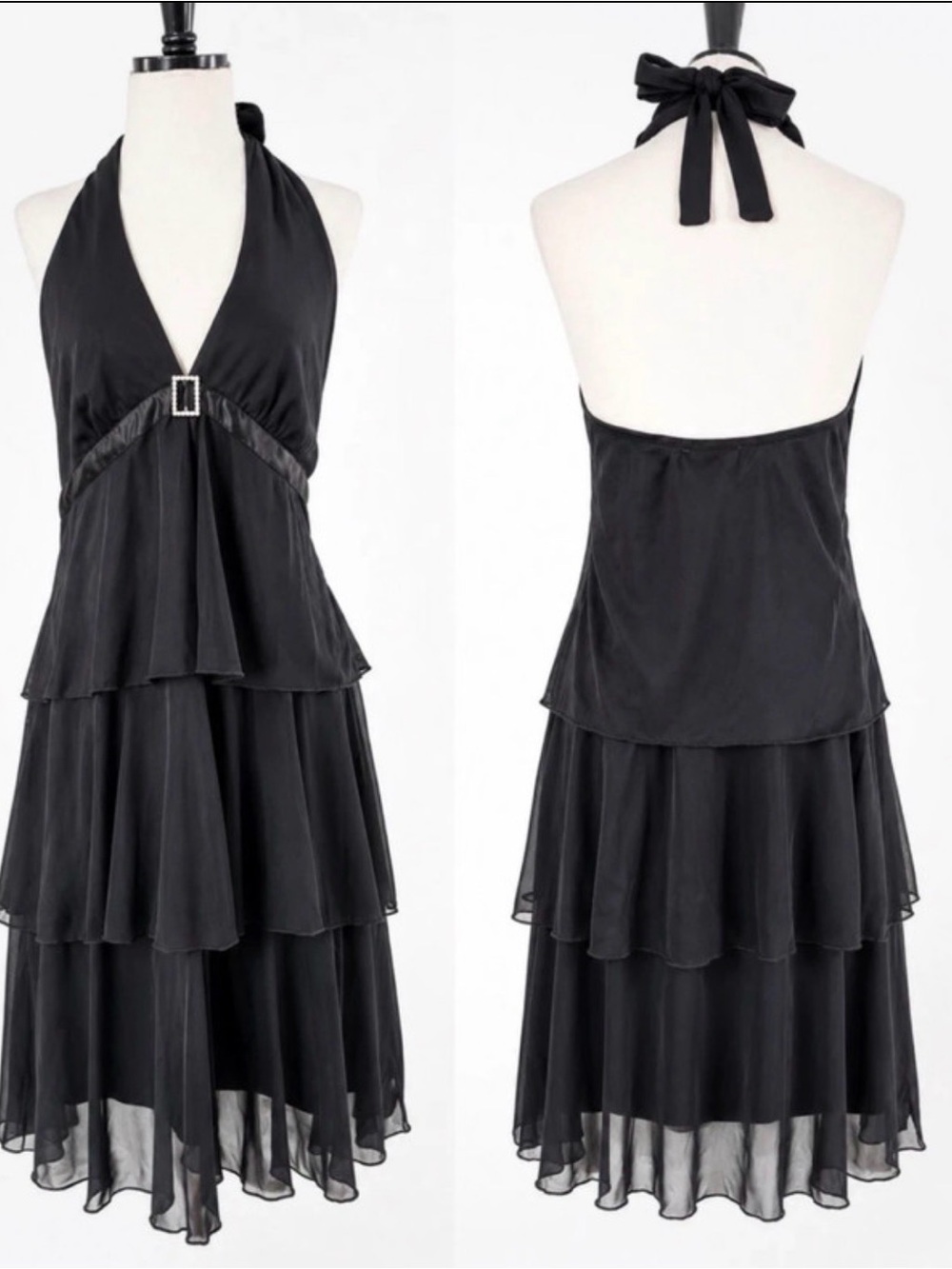 VTG Y2K Nikki Mae Black Halter Dress Rhinestone Buckle Layered Hem 13 (M)